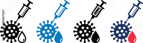 Vaccine icons showing syringe and virus, medical treatment and prevention