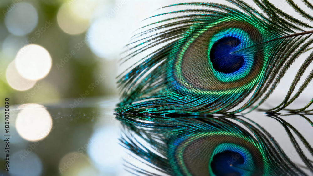 Fototapeta premium Close-up of a peacock feather with iridescent eye pattern reflected in water