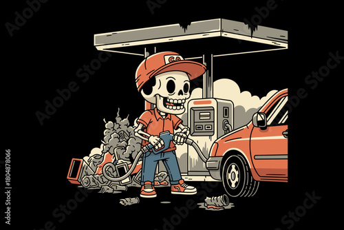 Skeleton Gas Station Worker Filling Up Car.