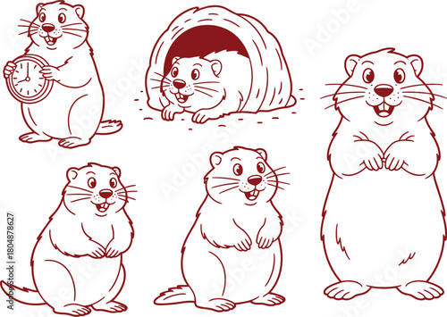 A set of six line art illustrations of a cartoon groundhog character in various poses, including standing with a clock and peeking from a burrow