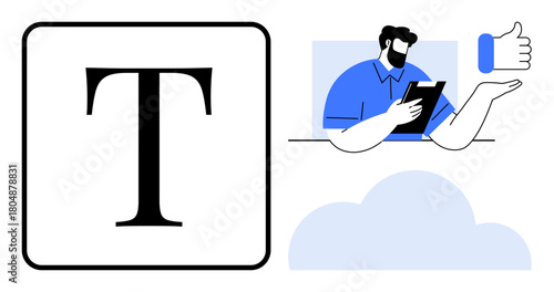 Text symbol, man with clipboard, thumbs-up hand, and cloud visual. Ideal for communication, feedback, collaboration, content creation productivity teamwork cloud computing. Simple flat metaphor