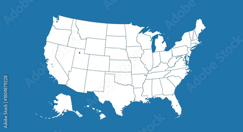 A white outline map of the United States of America, including Alaska and Hawaii, with individual state borders visible, set against a solid blue background.
