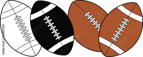 Four diverse American footballs depicted in a dynamic graphic; a white outline, a black outline, and two classic brown balls with white laces, perfect for sports or athletic themes
