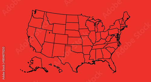 Outline map of the United States of America with individual states delineated on a solid red background, including Alaska and Hawaii.