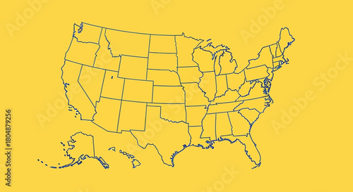 Outline map of the contiguous United States and Alaska on a solid yellow background, showing individual state borders.