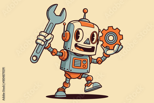 Retro robot character holding a wrench and a gear.