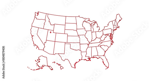 Red outline map of the United States of America, showing all 50 states and their internal borders.
