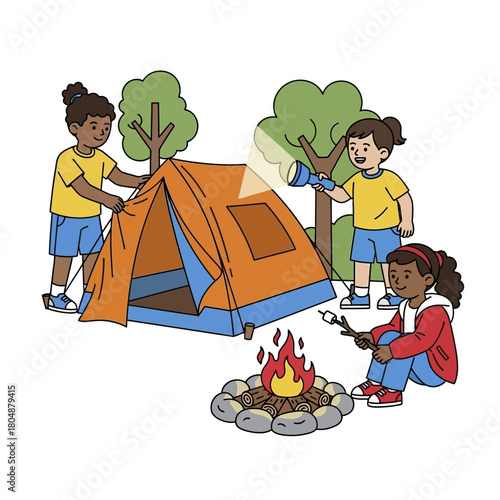 Children camping and roasting marshmallows around a campfire.