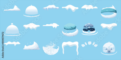 Collection of cartoon snow and ice elements for winter designs
