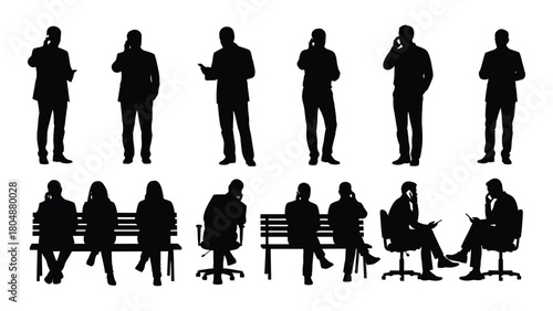 Silhouettes of people using mobile phones isolated on white background, Vector