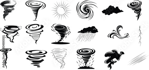 Collection of Tornado, Storm, and Weather Icons in Black and White