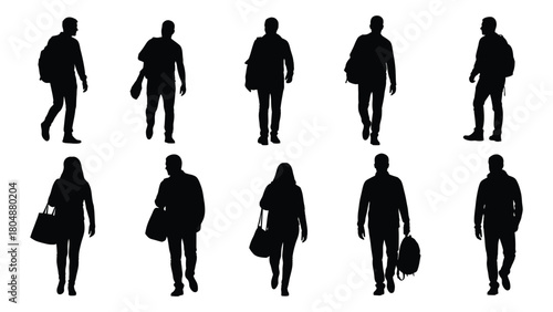 Diverse group of walking people silhouettes isolated on white background, Vector