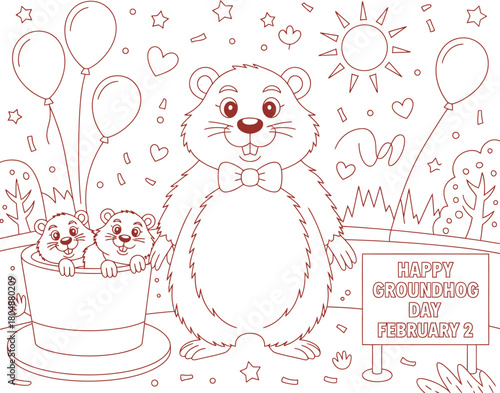 Groundhog Day Celebration Smiling Groundhog with Balloons, Top Hat, and Festive Decorations