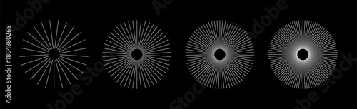 Radial circle white lines. Circular thin lines elements. Simple symbol of Sun star rays. Spokes with radiating stripes. Abstract illusion geometric shapes patterns. Flat design elements.