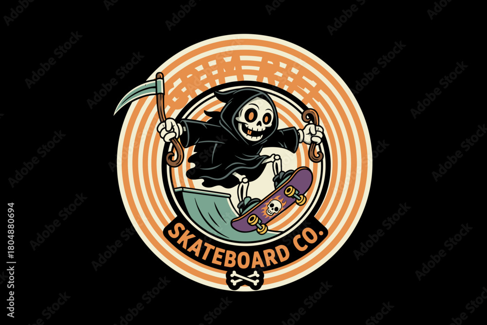 Fototapeta premium Grim Reaper Skateboarder Riding a Skateboard with a Scythe.
