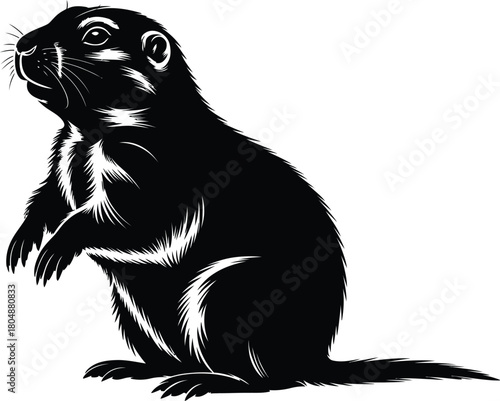 A striking black and white vector illustration of a prairie dog in a classic upright pose. The rodent is drawn with clean, bold lines, a rounded body, and a prominent tail