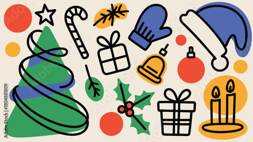Colorful Christmas Icons Tree Gift Mitten Bells Ornament Stocking and Snowflake
