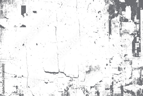 Textured distressed grunge overlay with cracked paint and faded newspaper fragments in grayscale background