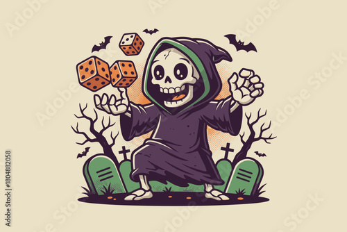 Grim Reaper Skeleton Playing Dice in Graveyard.