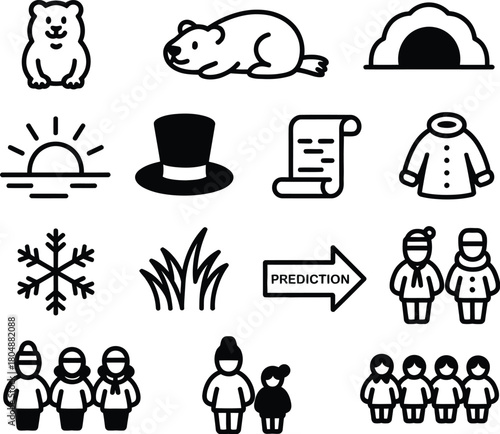 A collection of minimalist line icons depicting various elements of Groundhog Day, including the marmot, weather prediction, and seasonal symbols