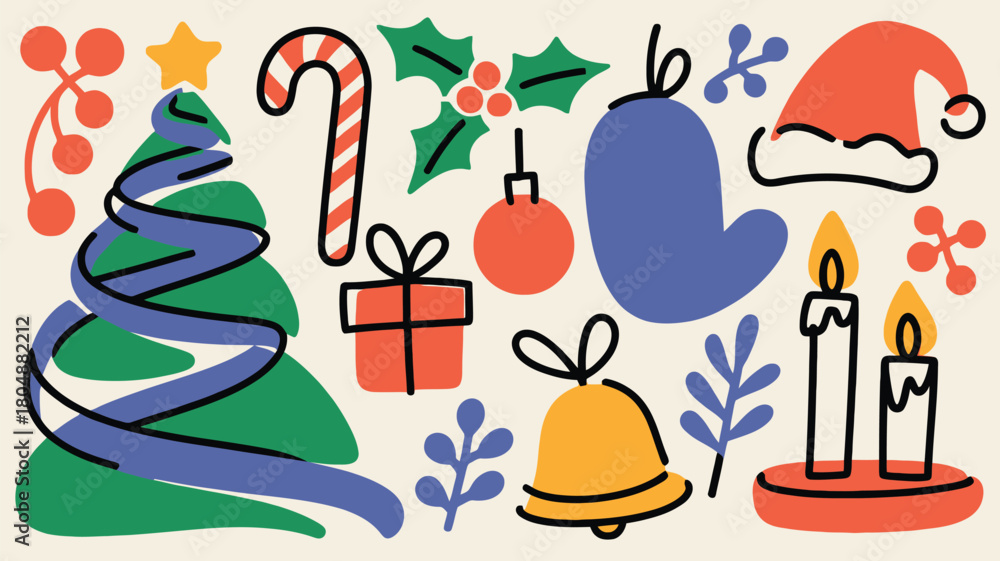 Fototapeta premium Colorful Christmas Holiday Illustration with Gifts Tree Ornaments Bells and Stocking