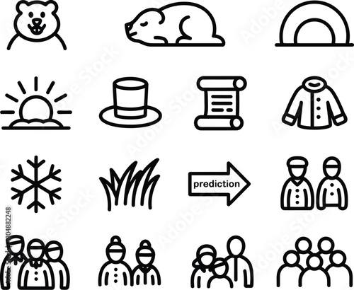 Groundhog Day icon set featuring a groundhog, weather, and human figures for winter and spring predictions