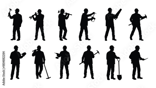 Construction workers with tools silhouette set isolated on white background, Vector
