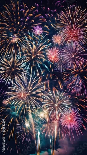 Vibrant multicolor fireworks exploding in dark night sky, slow motion celebration display
