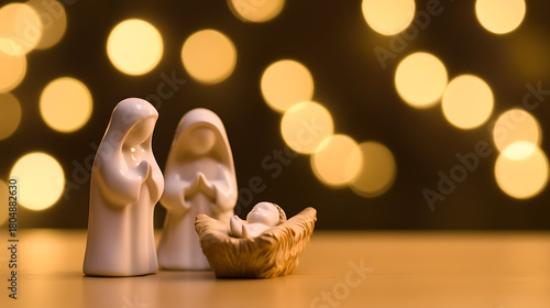 Nativity scene featuring Mary, Joseph, and baby Jesus in a manger, bathed in a warm, bokeh-lit ambiance. A symbol of faith and peace. The scene creates a serene and reverent moment.