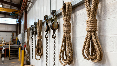 Coiled ropes and chain hoists hanging on a wall in a workshop