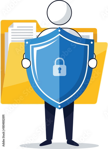 Simple vector illustration of person protecting data folder with shield icon, security theme