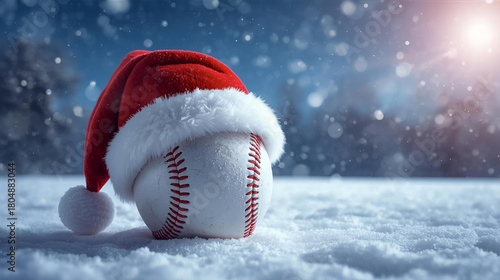 baseball leather white ball with red stiches and a red santa claus hat for christmas in the snow at night