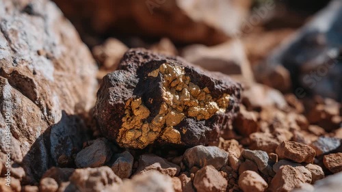 130Close-up of rough unrefined gold ore nestled among small stones, the natural light enhancing metallic tones and rich earthy textures