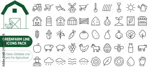 GreenFarm Line Icons Pack – 50 clean, editable line icons for agriculture, farming, eco-friendly, crops, livestock, barn, and rural design projects.
