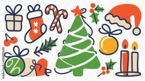 Festive Christmas Icons Tree Gift Mitten Ornament Bells Stockings and Candy Cane