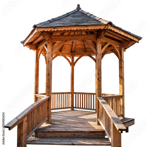 Wooden Gazebo Structure With Steps And Railings Casting Shadows On A Sunny Day Isolated On Black Background