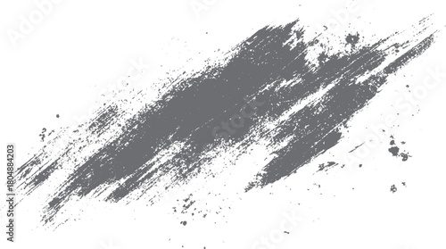 Textured grey brush stroke with scattered speckles on a white background abstract graphic element paint