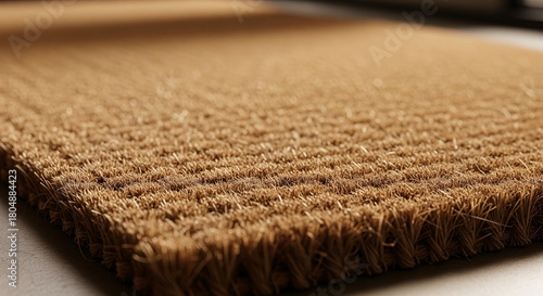 Close-up, low-angle view of a rectangular doormat made of tightly packed, light brown coir fibers, emphasizing the straight, textured weave