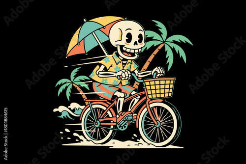 Skeleton riding a bicycle on a tropical beach with an umbrella.