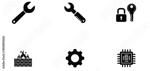 Collection of tools and security icons isolated on transparent background