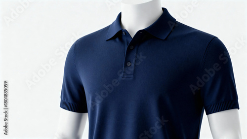 Dark blue short-sleeve polo shirt displayed on a mannequin against a white background