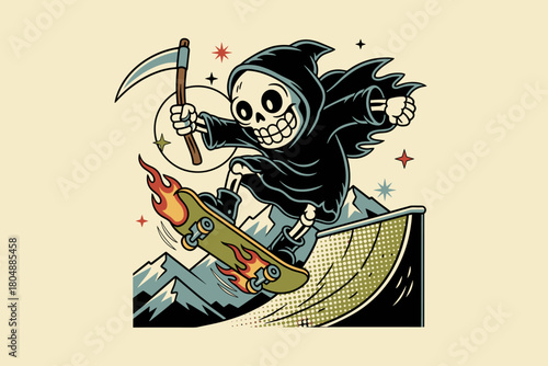 Grim Reaper Skateboarder Performing Extreme Trick.