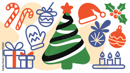 Colorful and Festive Christmas Holiday Icons in a Flat Design Style