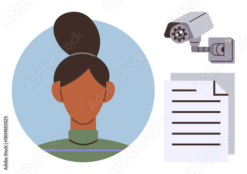 Womans profile, CCTV camera, and document sheet highlighting surveillance, privacy, security, identity tracking, data analysis, personal information, and monitoring concerns in a simple flat metaphor