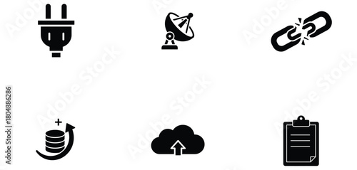 Collection of plug, satellite, chain, coin, cloud, and clipboard icons isolated on transparent background
