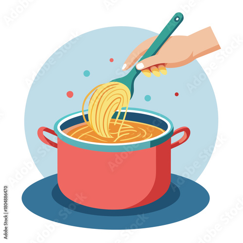A hand uses a teal utensil to lift cooked spaghetti from a red pot filled with orange liquid.