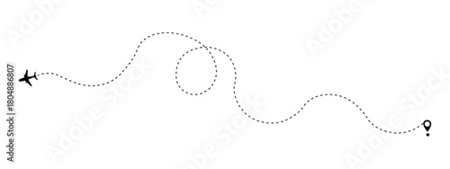 Airplane line path route travel vector concept. Plane routes dotted paths aircraft travel route start point flight destination black airplane. Airplane dashed line path flat style design isolated	