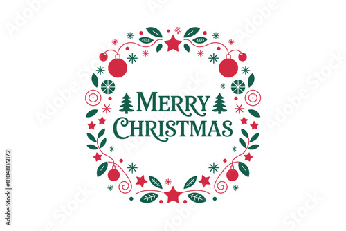 Merry Christmas greeting inside a circular wreath decoration with ornaments and leaves.