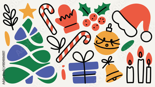 Festive Christmas Doodle Illustration with Tree Ornaments and Holiday Symbols
