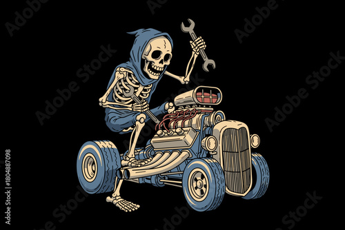 Skeleton Grim Reaper Riding a Hot Rod Car with Wrench.